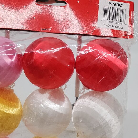 12 Christmas Tree Ornament Pink Red Yellow White Balls Plastic Silk Wrapped - Picture 3 of 5